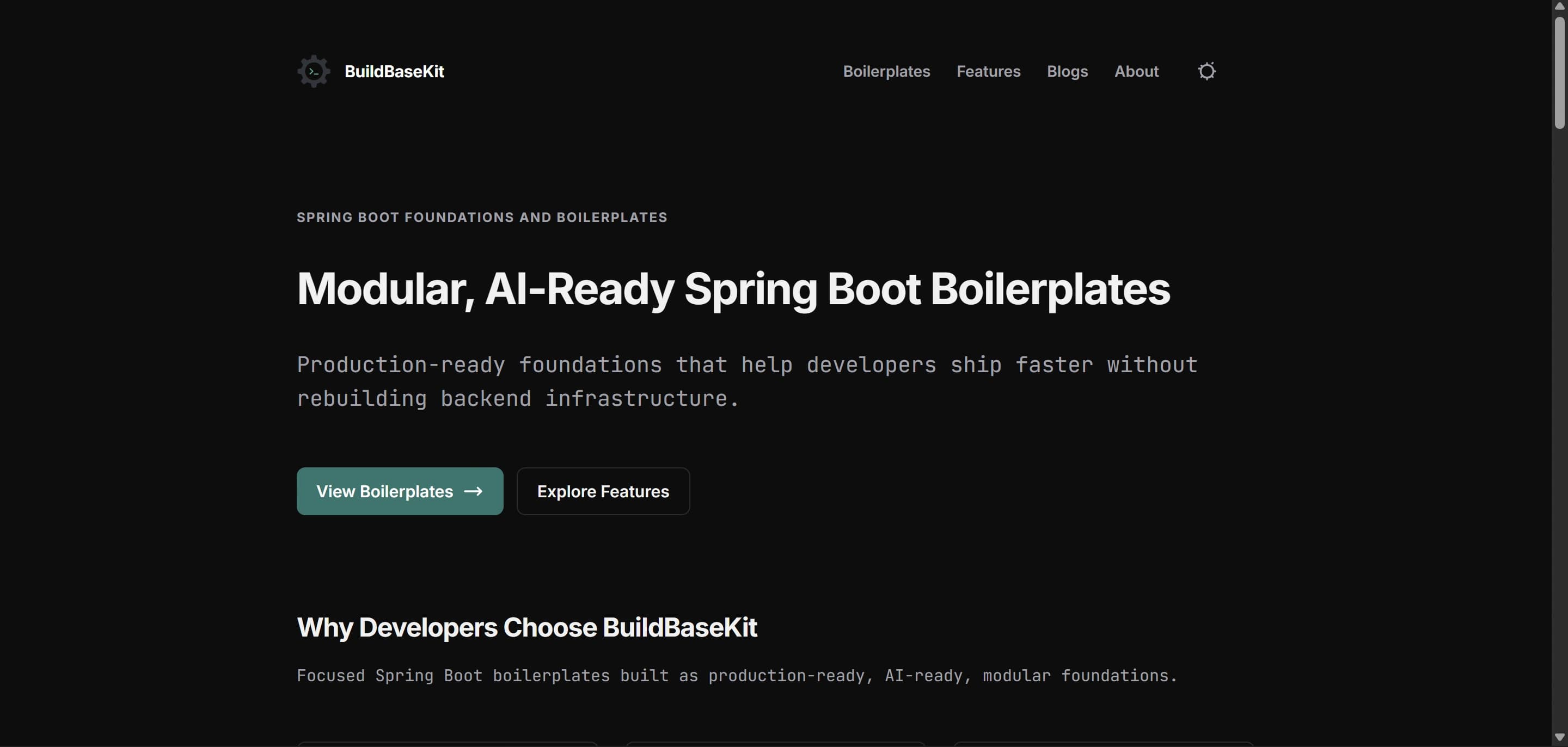 BuildBaseKit website presenting reusable Spring Boot foundations