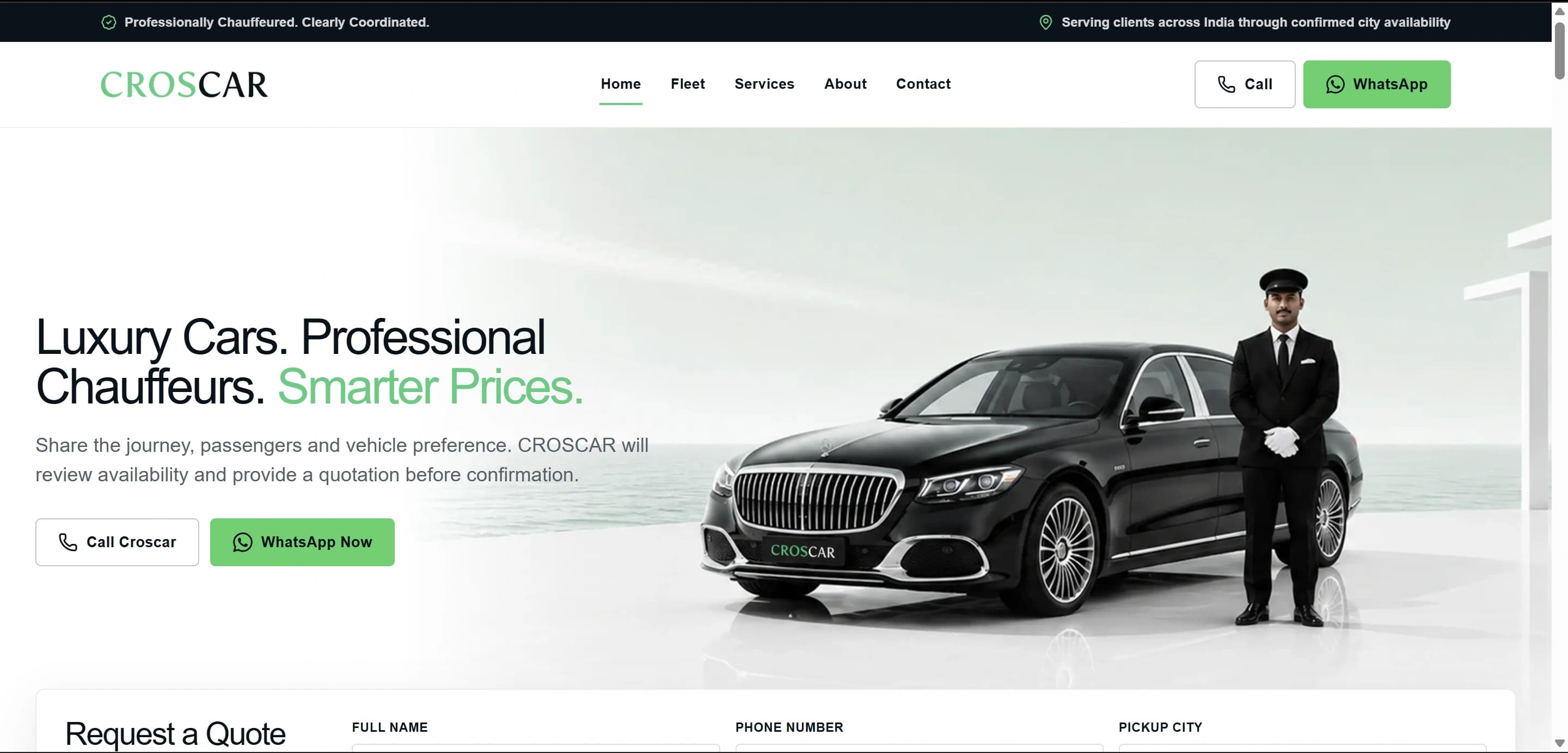 Croscar chauffeur-driven car-rental website homepage