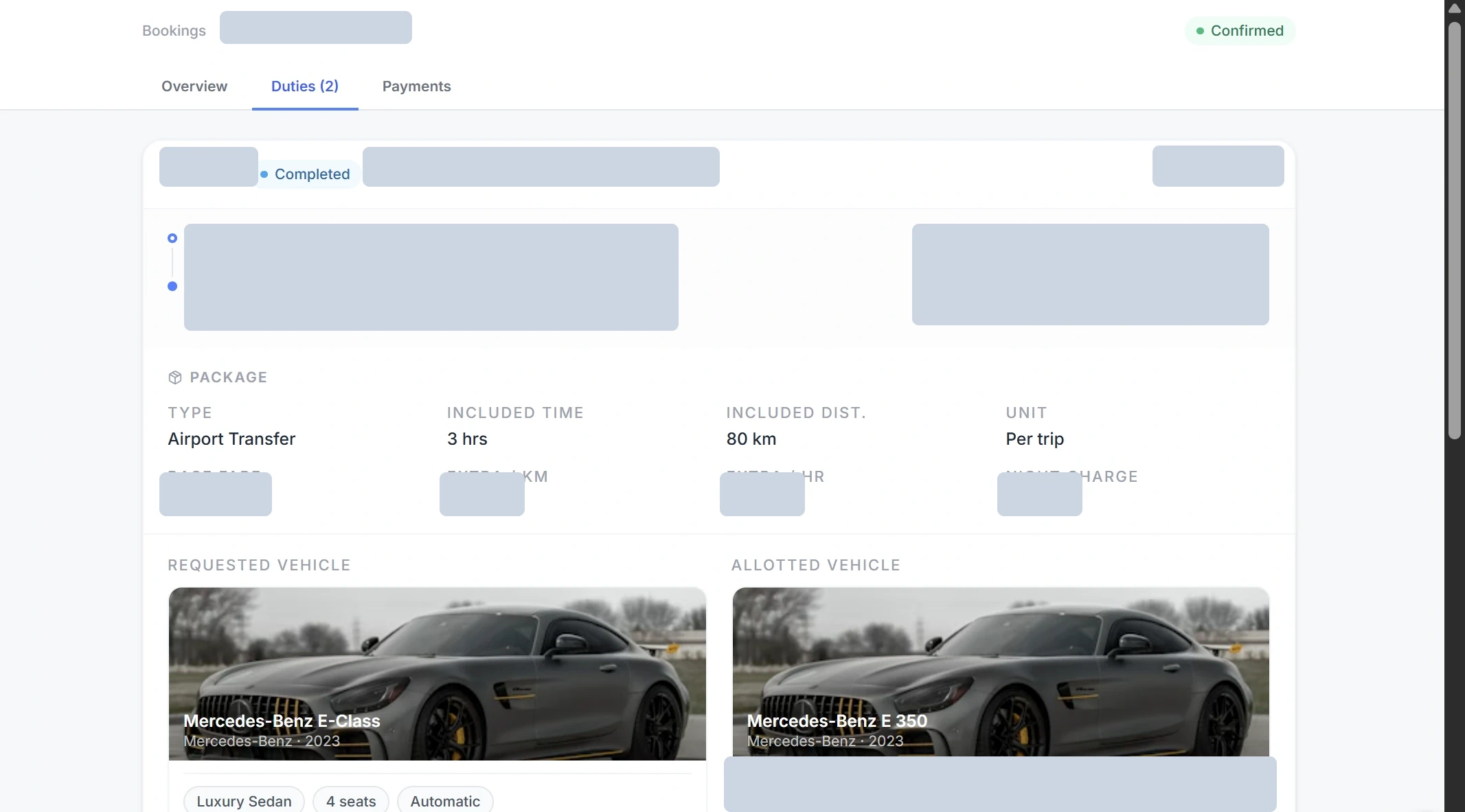 Redacted Fleetovo booking details interface showing an operational booking workflow