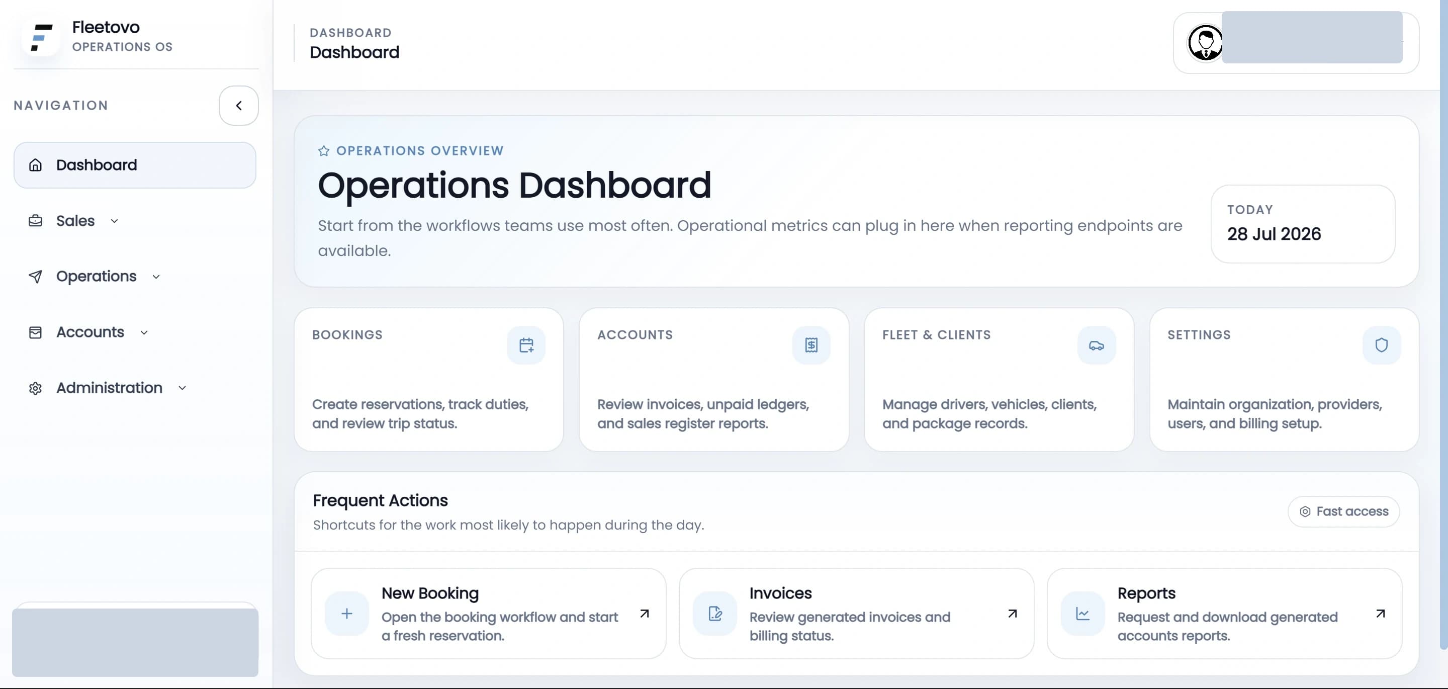 Redacted Fleetovo operations dashboard