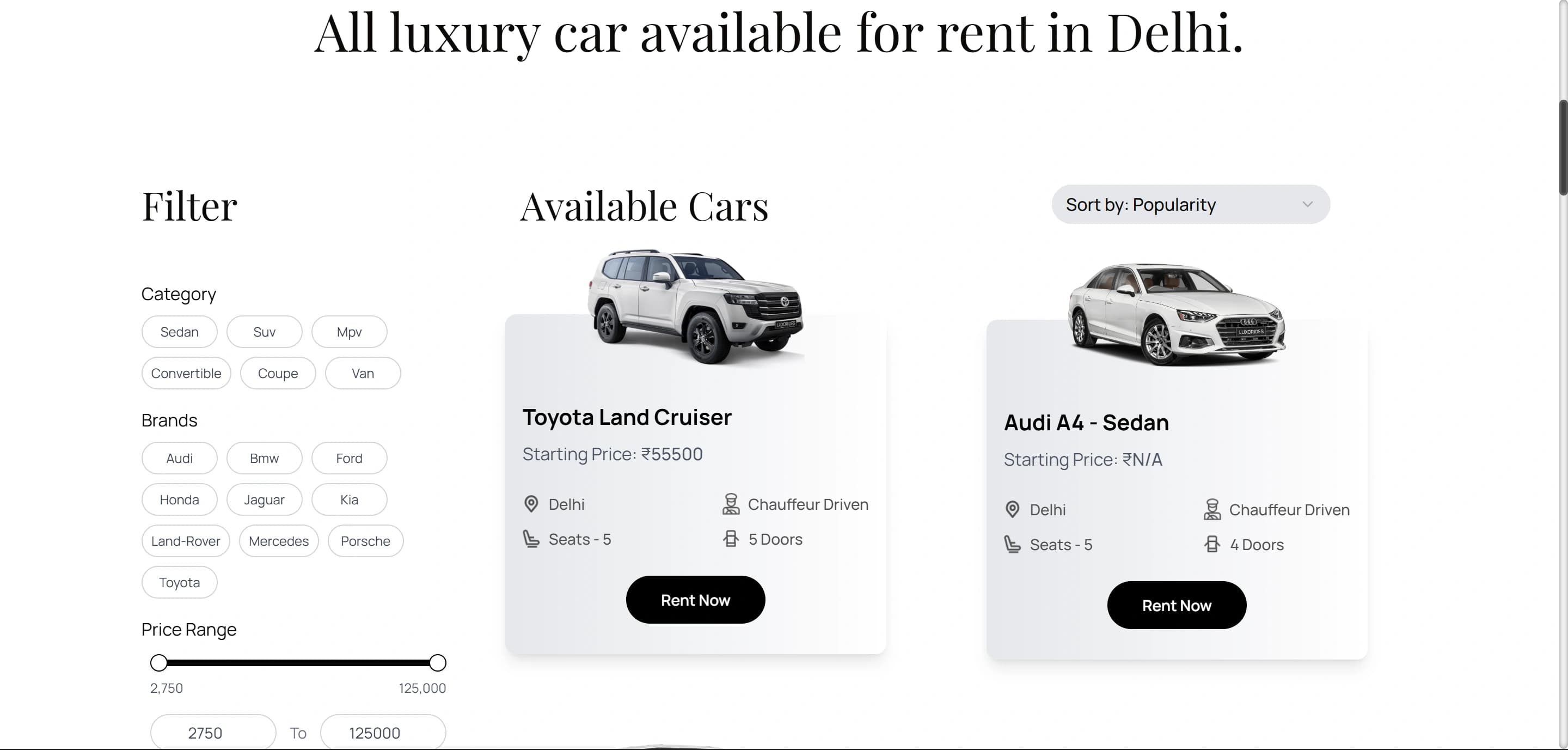 Luxorides vehicle catalogue and car exploration interface