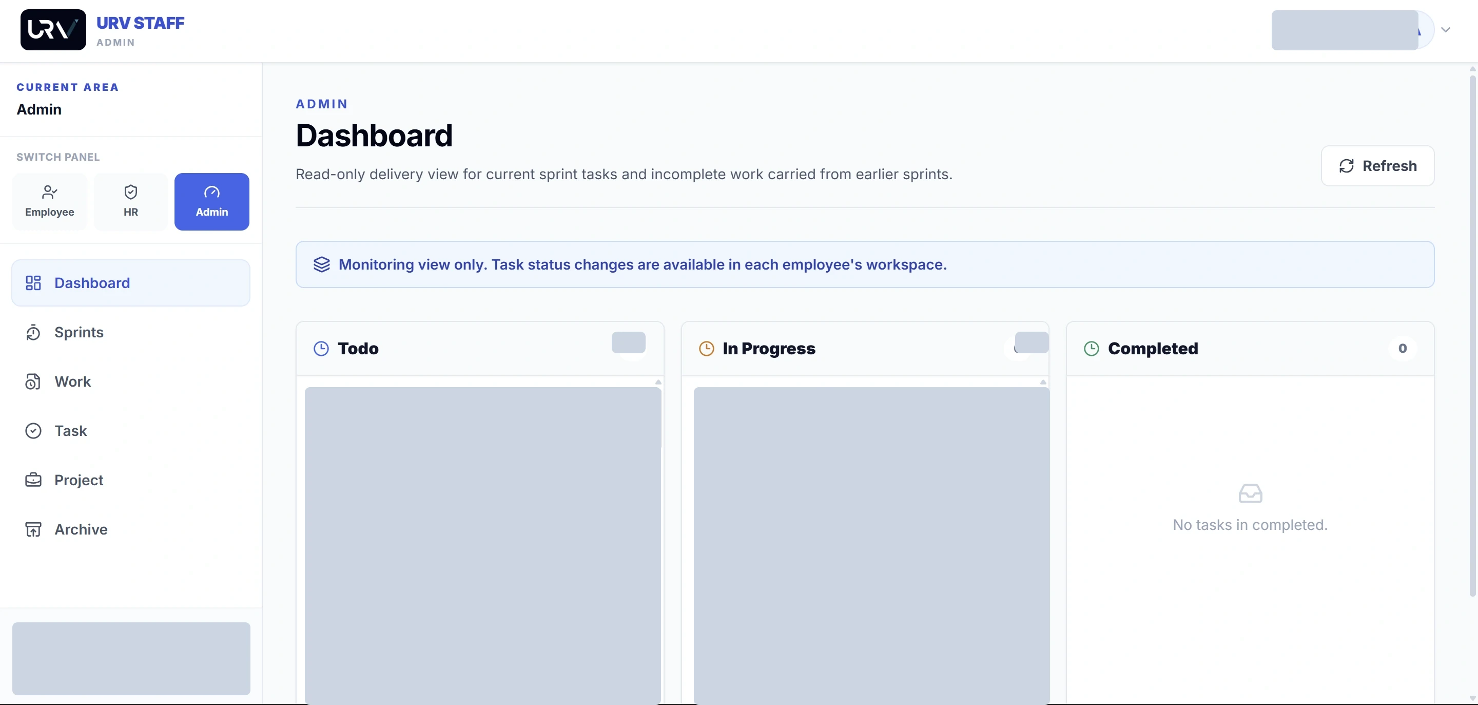 Anonymised URV Staff Portal administration dashboard