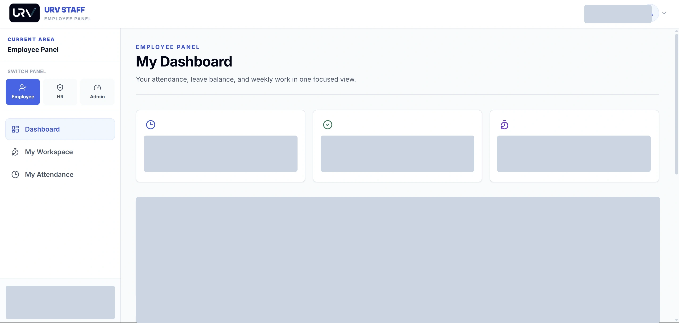 Anonymised URV Staff Portal employee dashboard