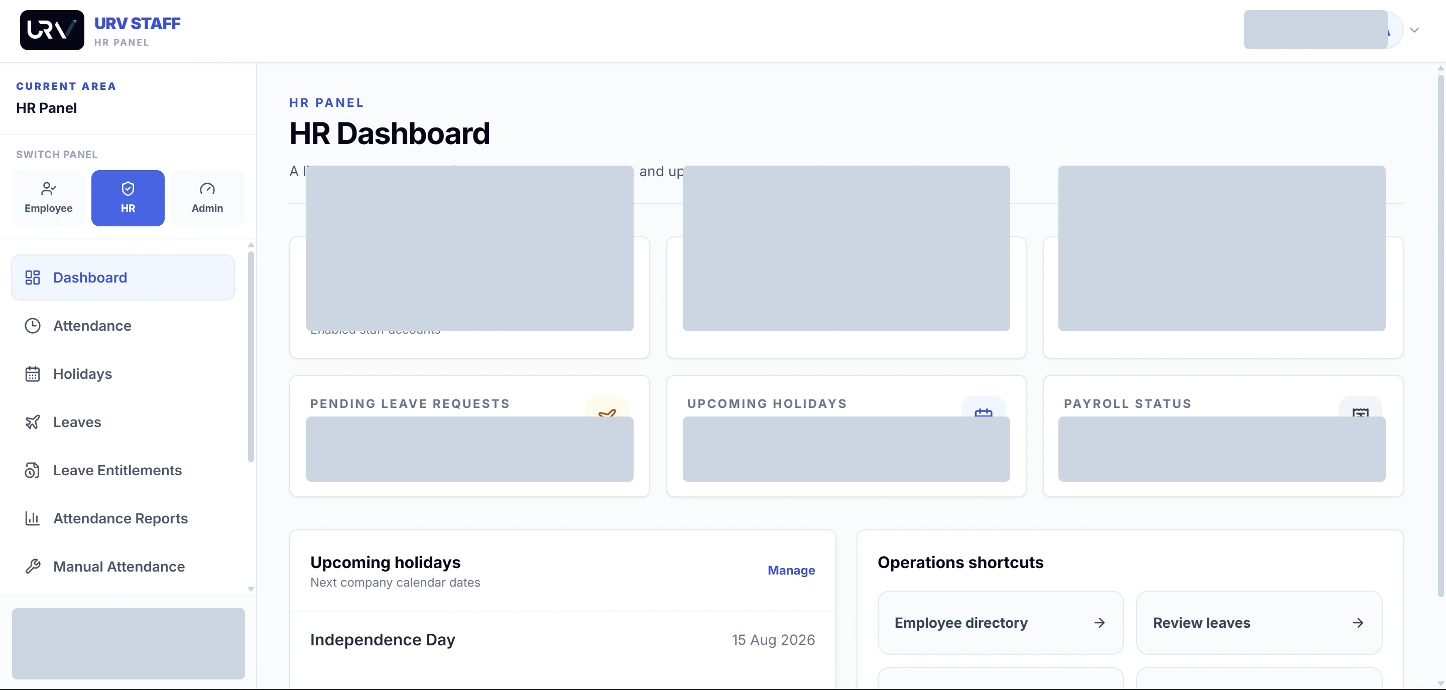 Anonymised URV Staff Portal HR dashboard